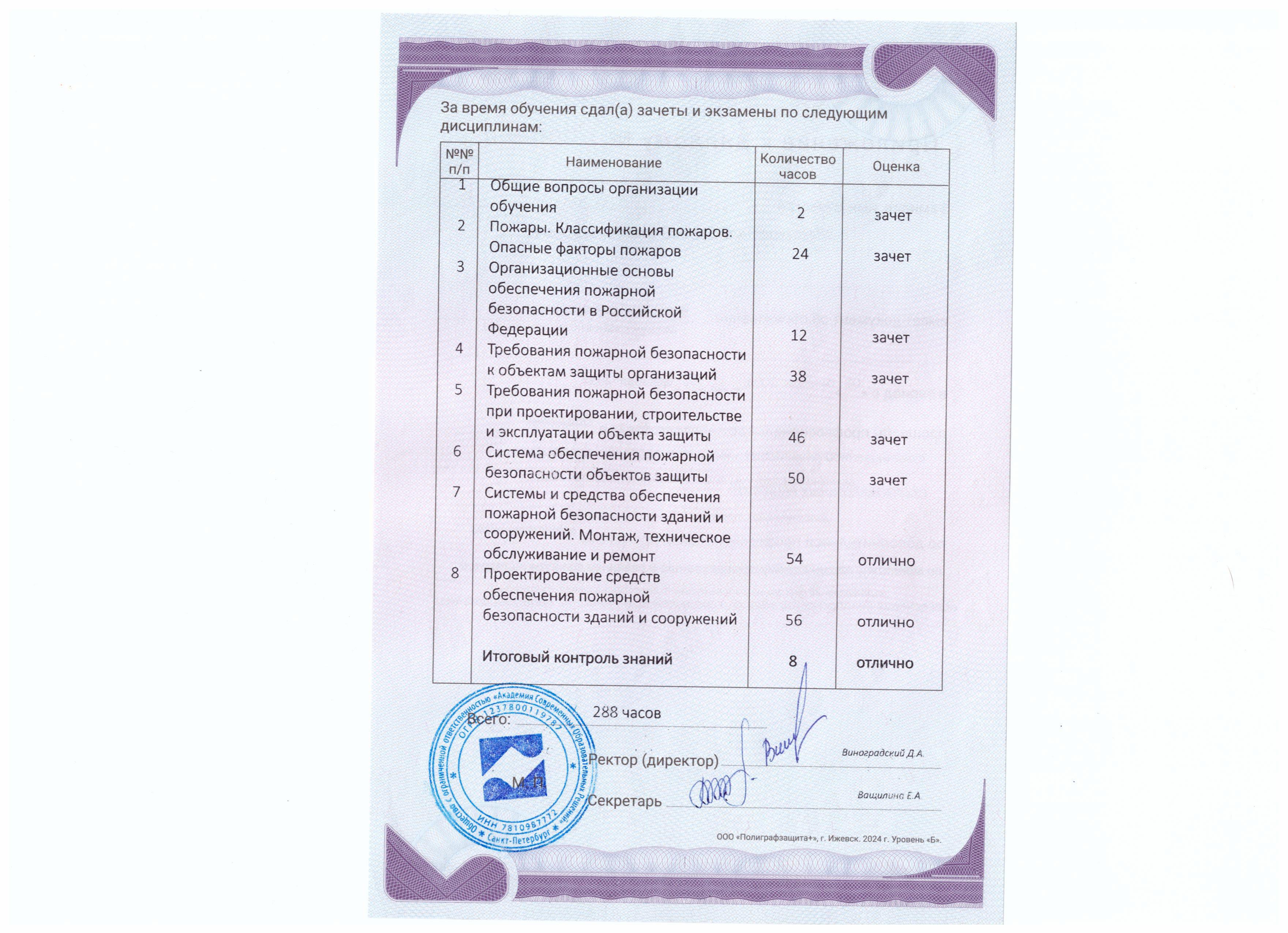 Приложение к диплому в соответствии с типовым учебным планом "Деятельность по монтажу, техническому обслуживанию и ремонту средств обеспечения пожарной безопасности зданий и сооружений, а также их проектированию"